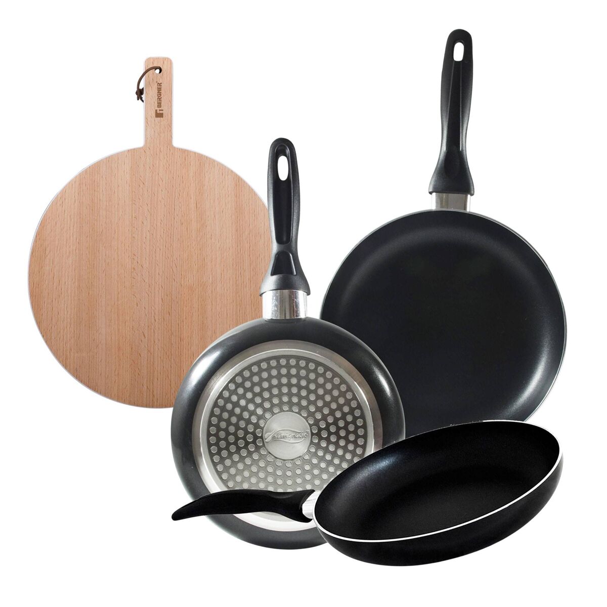 Set 3 sartenes san ignacio(16,20,24cm) aluminio prensado, apto para inducción+tabla de corte redonda de 38x28x1,5cm en madera de haya
