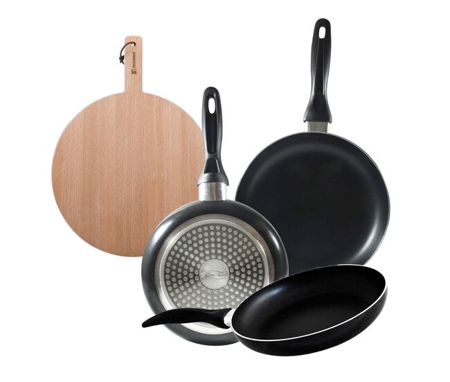 Set 3 sartenes san ignacio(16,20,24cm) aluminio prensado, apto para inducción+tabla de corte redonda de 38x28x1,5cm en madera de haya
