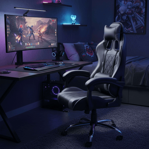 Cadeira Gamer Legend, preta e cinza, com almofada lombar e apoio de cabeça, revestimento em tecido, estrutura metálica, 63x120x66 cm