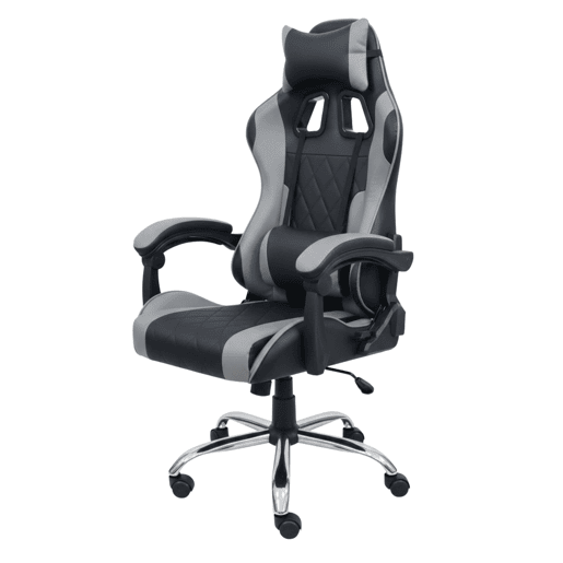 Cadeira Gamer Legend, preta e cinza, com almofada lombar e apoio de cabeça, revestimento em tecido, estrutura metálica, 63x120x66 cm