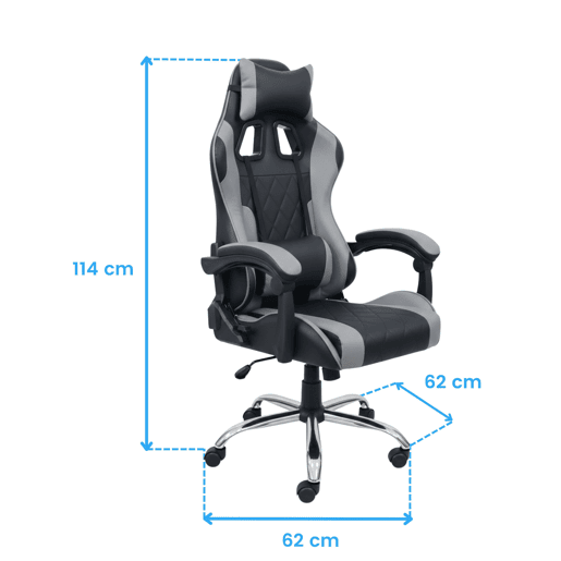 Cadeira Gamer Legend, preta e cinza, com almofada lombar e apoio de cabeça, revestimento em tecido, estrutura metálica, 63x120x66 cm