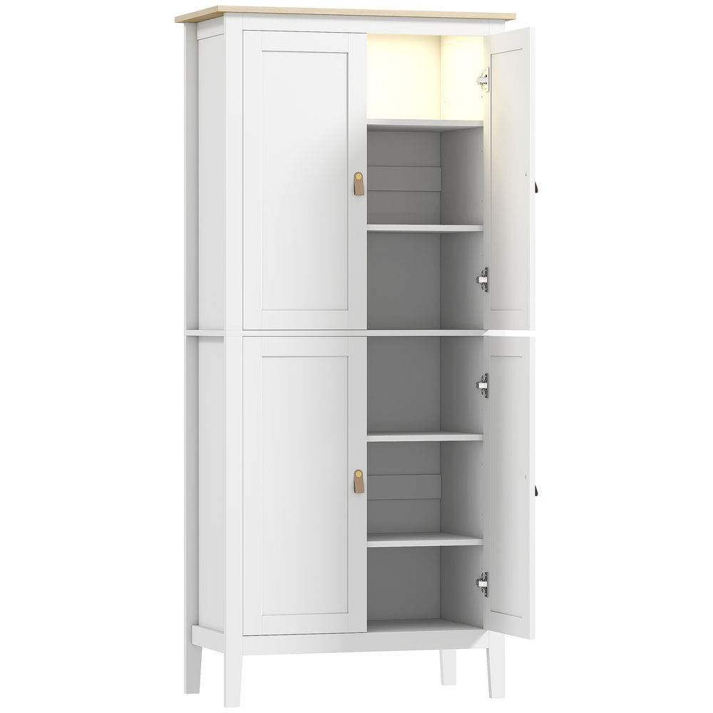 Homcom alacena de cocina alta con luz led sensor de movimiento, mueble auxiliar de cocina con iluminación regulable en 3 colores, 4 puertas y estantes ajustables, blanco