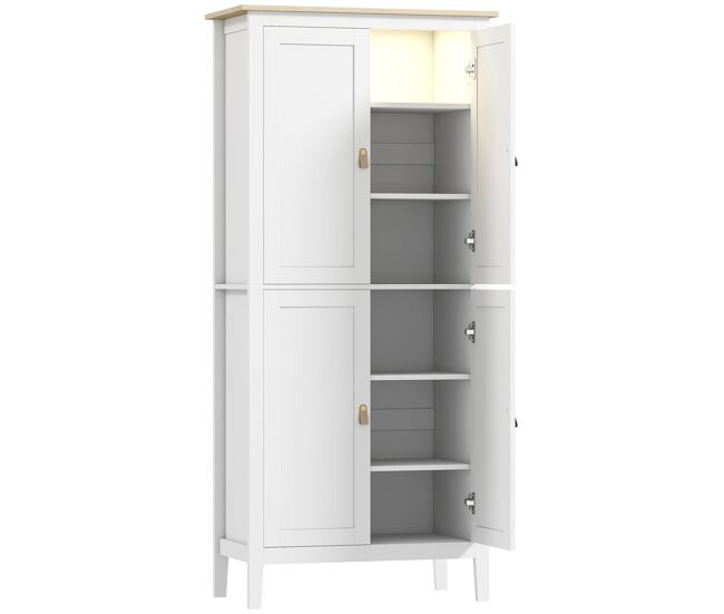 Homcom alacena de cocina alta con luz led sensor de movimiento, mueble auxiliar de cocina con iluminación regulable en 3 colores, 4 puertas y estantes