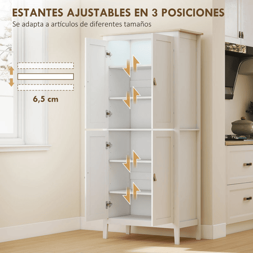 HOMCOM Armário de Cozinha com Luz LED Sensor de Movimento Móvel Auxiliar de Cozinha com Iluminação Regulável em 3 Cores 4 Portas e Prateleiras Ajustáveis 80x40x176,5 cm Branco