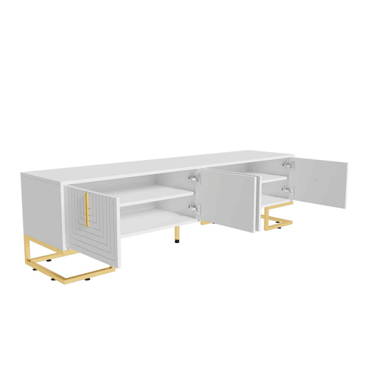 Móvel de TV Lowboard 160 cm - Porta estruturada, puxadores e pés dourados - Branco