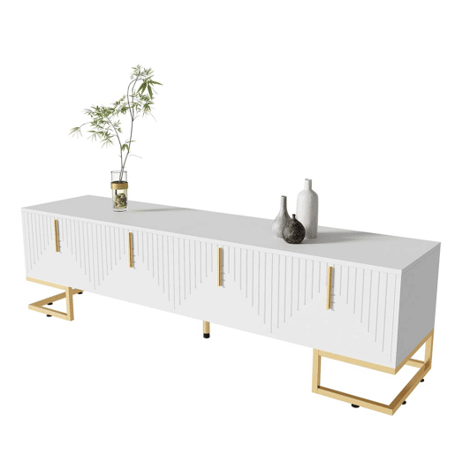 Móvel de TV Lowboard 160 cm - Porta estruturada, puxadores e pés dourados - Branco