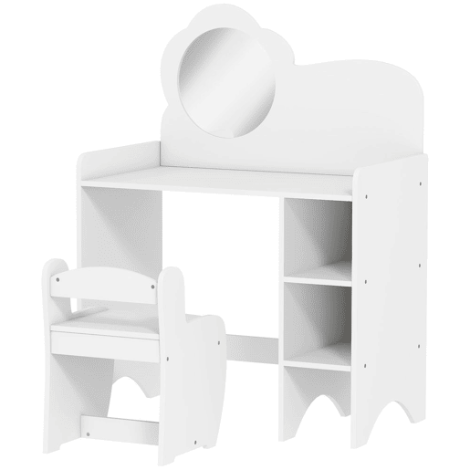 AIYAPLAY Toucador para Crianças com Banco e Espelho em Forma de Flor Toucador para Meninas com Compartimentos Abertos Mesa de Maquilhagem para Crianças de 3-8 Anos 70x39x92,5 cm Branco