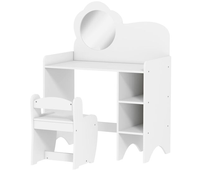 Aiyaplay tocador de maquillaje niña, 2 en 1, escritorio, tocador infantil con taburete, espejo en forma de flor, estantes abiertos, para niños +3 años, blanco