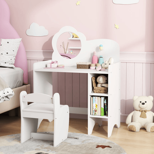 AIYAPLAY Toucador para Crianças com Banco e Espelho em Forma de Flor Toucador para Meninas com Compartimentos Abertos Mesa de Maquilhagem para Crianças de 3-8 Anos 70x39x92,5 cm Branco