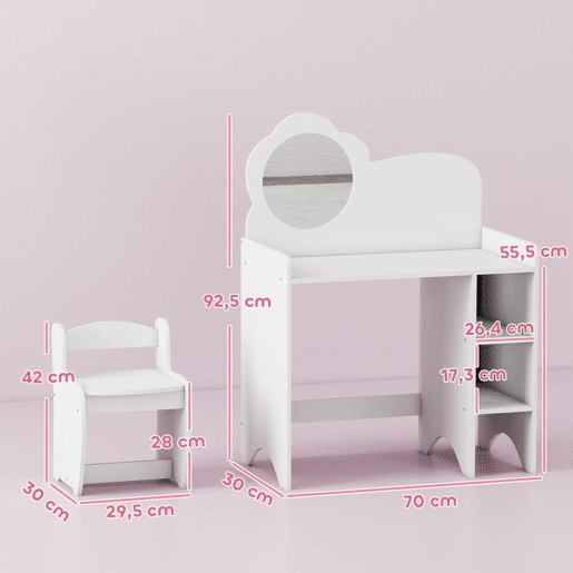 AIYAPLAY Toucador para Crianças com Banco e Espelho em Forma de Flor Toucador para Meninas com Compartimentos Abertos Mesa de Maquilhagem para Crianças de 3-8 Anos 70x39x92,5 cm Branco
