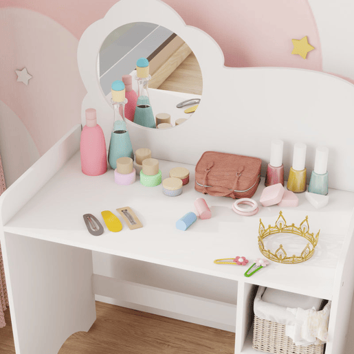 AIYAPLAY Toucador para Crianças com Banco e Espelho em Forma de Flor Toucador para Meninas com Compartimentos Abertos Mesa de Maquilhagem para Crianças de 3-8 Anos 70x39x92,5 cm Branco