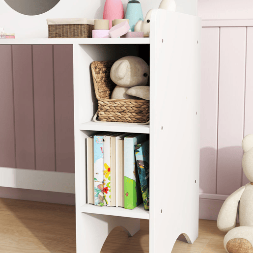 AIYAPLAY Toucador para Crianças com Banco e Espelho em Forma de Flor Toucador para Meninas com Compartimentos Abertos Mesa de Maquilhagem para Crianças de 3-8 Anos 70x39x92,5 cm Branco