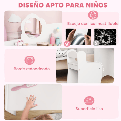 AIYAPLAY Toucador para Crianças com Banco e Espelho em Forma de Flor Toucador para Meninas com Compartimentos Abertos Mesa de Maquilhagem para Crianças de 3-8 Anos 70x39x92,5 cm Branco