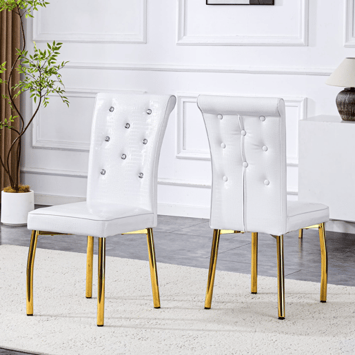 Cadeiras de sala de jantar 2 unidades - Retro pele de crocodilo, fivela de vidro, metal dourado - Branco