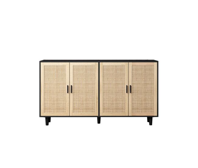 Armario de almacenamiento 158cm - 4 puertas, rattan decorativo, elegante y funcional - negro