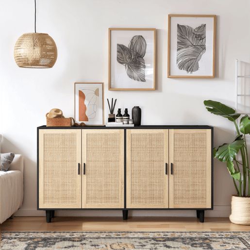 Armário de arrumação 158 cm - 4 portas, rattan decorativo, elegante e funcional - Preto