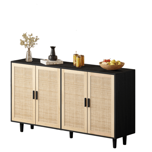 Armário de arrumação 158 cm - 4 portas, rattan decorativo, elegante e funcional - Preto