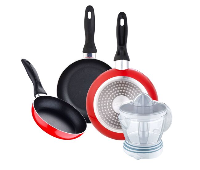 Juego de 3 sartenes san ignacio 16/20/24 cm +exprimidor de 40w de potencia - capacidad de 1.2 litros