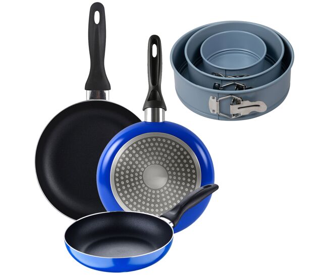 Set 3 sartenes san ignacio (16+20+24cm) aluminio prensado ind azul+juego de 3 moldes de horno redondos ø12ø18ø22cm