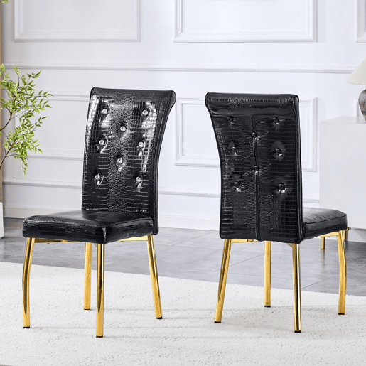 Cadeiras de sala de jantar 2 unidades - Retro pele de crocodilo acolchoadas, fivela de cristal - Preto, Dourado