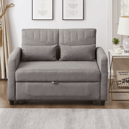 Sofá-cama de 2 lugares - design dobrável, moderno, encosto com 3 posições, algodão-linho - Cinza