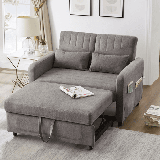 Sofá-cama de 2 lugares - design dobrável, moderno, encosto com 3 posições, algodão-linho - Cinza