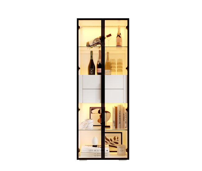 Vitrina 60x40x160 cm - puerta de vidrio templado, led, 2 estantes y 2 cajones - blanco y negro