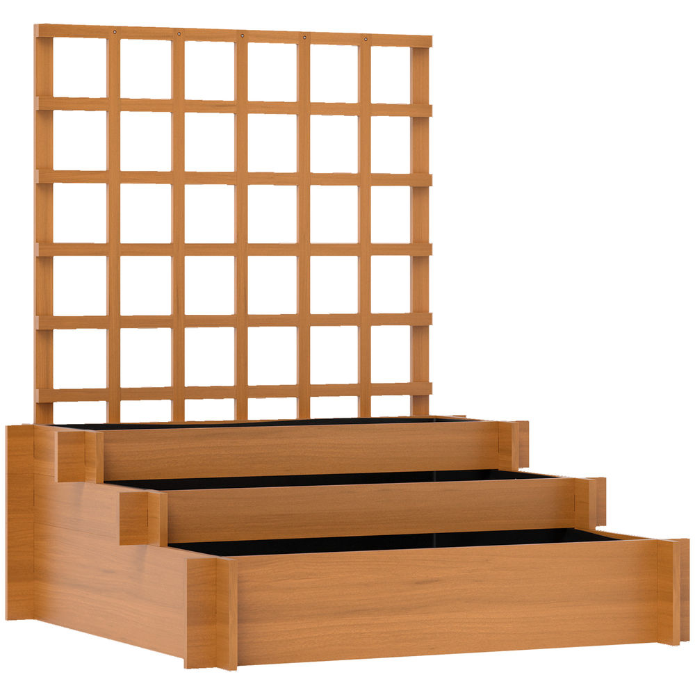 Outsunny jardinera con enrejado de 3 niveles, jardinera exterior grande de madera para plantas trepadoras, con tela no tejida, macetero elevado para jardín, patio, terraza, 95x95x110 cm, marrón