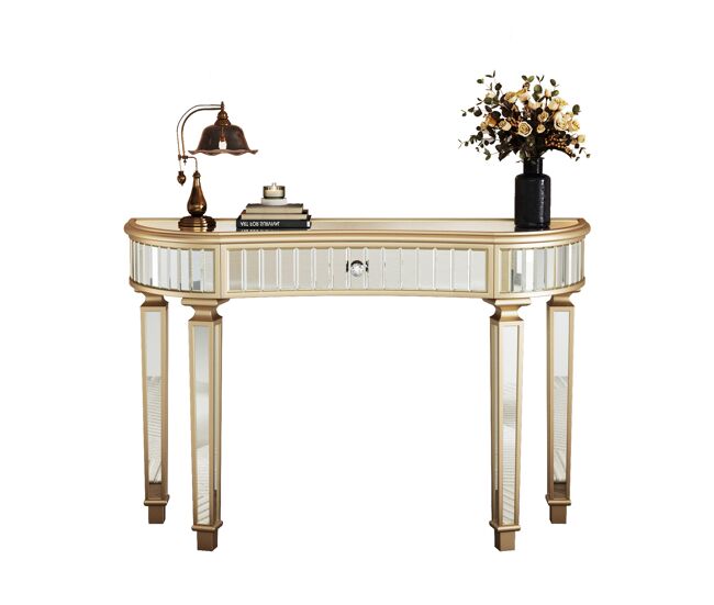 Mesa consola 120cm - media luna con espejo, cajón cristal y vidrio acanalado - oro+plata