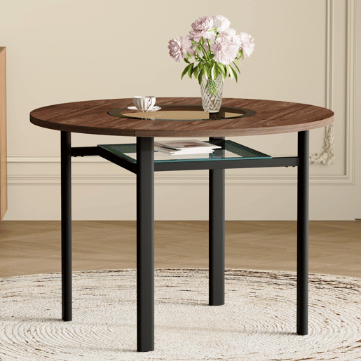 Mesa redonda de 100 cm - design minimalista com vidro e estrutura metálica - madeira castanha