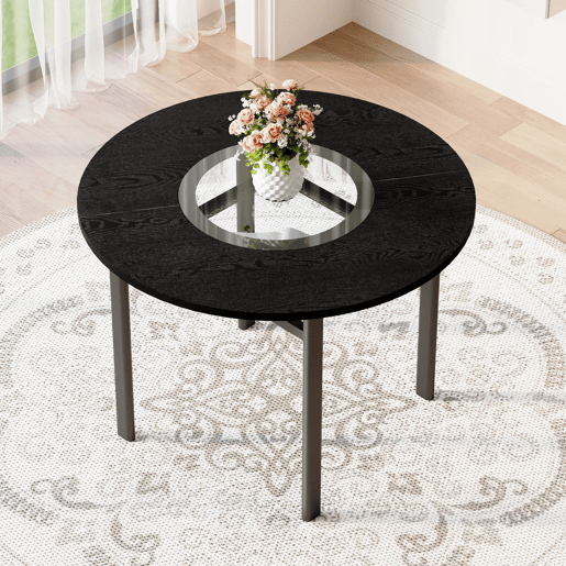 Mesa de jantar redonda 100 cm - minimalista, vidro cinzento, estrutura metálica - madeira preta