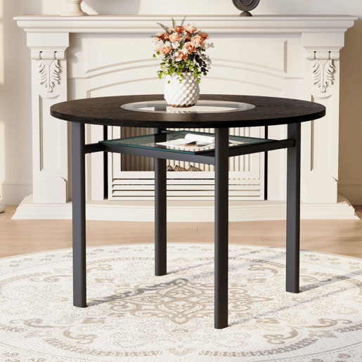 Mesa de jantar redonda 100 cm - minimalista, vidro cinzento, estrutura metálica - madeira preta