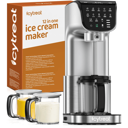 IcyTreat IC-1010 EU 12 em 1 Máquina de gelados - Certificação CE Potência 500W Capacidade 568mlw Inclui 3 recipientes para gelado em Tritan - Prata