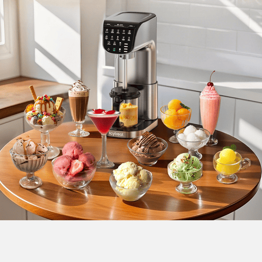 IcyTreat IC-1010 EU 12 em 1 Máquina de gelados - Certificação CE Potência 500W Capacidade 568mlw Inclui 3 recipientes para gelado em Tritan - Prata