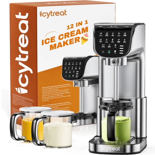 IcyTreat IC-1010 EU 12 em 1 Máquina de gelados - Certificação CE Potência 500W Capacidade 568mlw Inclui 3 recipientes para gelado em Tritan - Prata