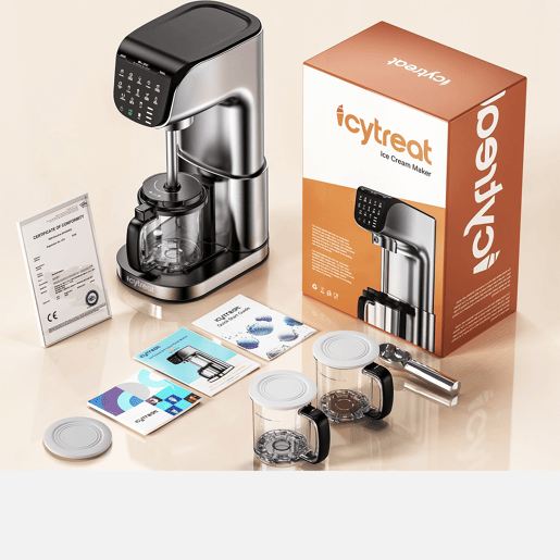 IcyTreat IC-1010 EU 12 em 1 Máquina de gelados - Certificação CE Potência 500W Capacidade 568mlw Inclui 3 recipientes para gelado em Tritan - Prata