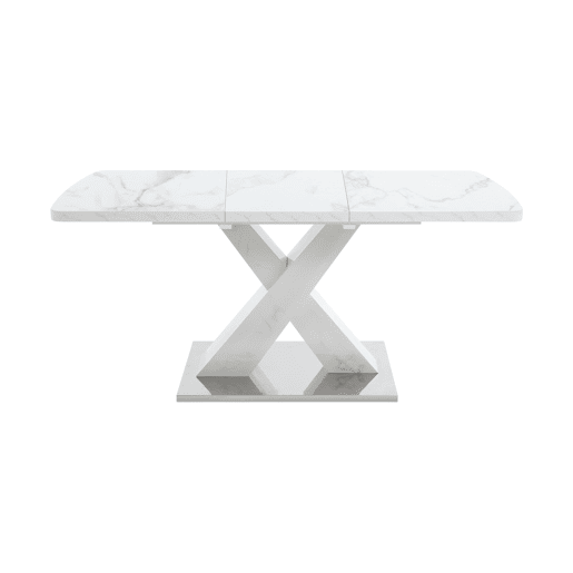 Mesa de jantar extensível 120-160 cm - Moderna, tampo em mármore branco + pernas em MDF X metal - Branco