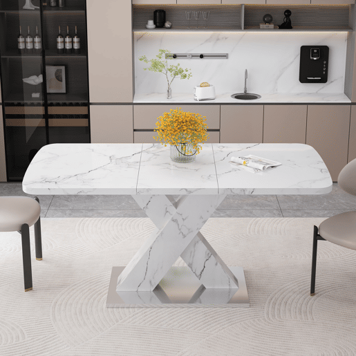 Mesa de jantar extensível 120-160 cm - Moderna, tampo em mármore branco + pernas em MDF X metal - Branco