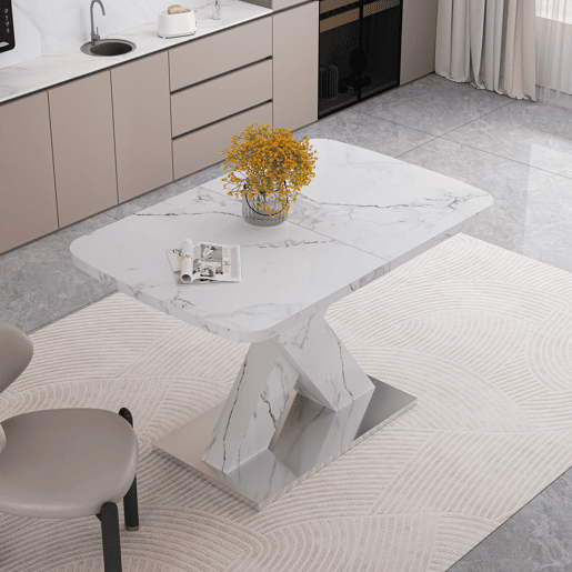 Mesa de jantar extensível 120-160 cm - Moderna, tampo em mármore branco + pernas em MDF X metal - Branco