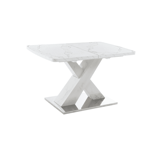 Mesa de jantar extensível 120-160 cm - Moderna, tampo em mármore branco + pernas em MDF X metal - Branco