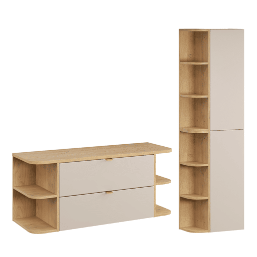 Conjunto meuble sous-vasque 120cm niches arrondies e coluna Azel Caxemira e Madeira