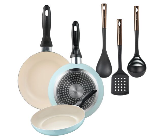Set de 3 sartenes san ignacio ø16ø20ø24cm en aluminio prensado azul celeste+ set de 3 utensilios de cocina de pbt negro y cobre