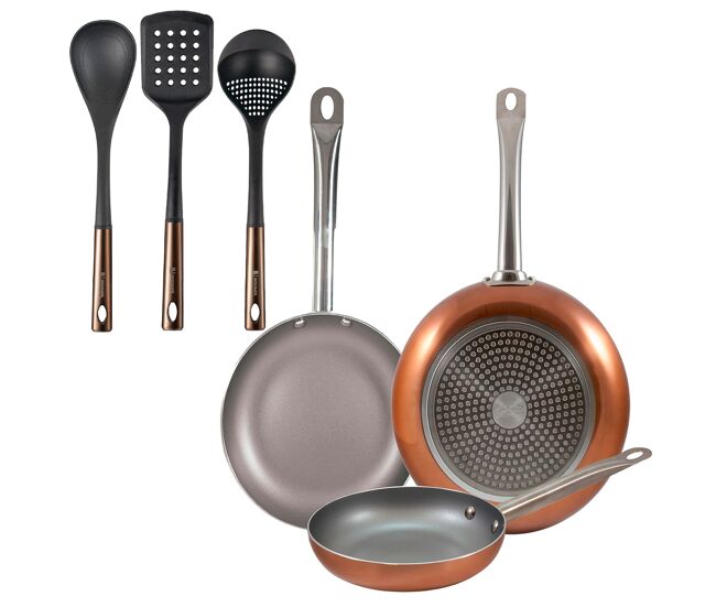 Set 3 sartenes san ignacio (18,22,26cm) aluminio prensado, aptas para inducción+ set de 3 utensilios de cocina de pbt negro y cobre