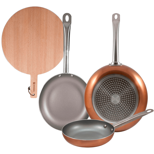 Set de frigideiras San Ignacio de 3 peças + tábua de corte