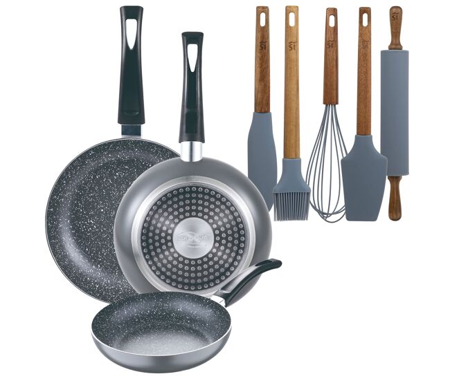Set 3 sartenes san ignacio (16+20+24cm) aluminio prensado ind negra+set de 5 utensilios de cocina de silicona y madera de acacia