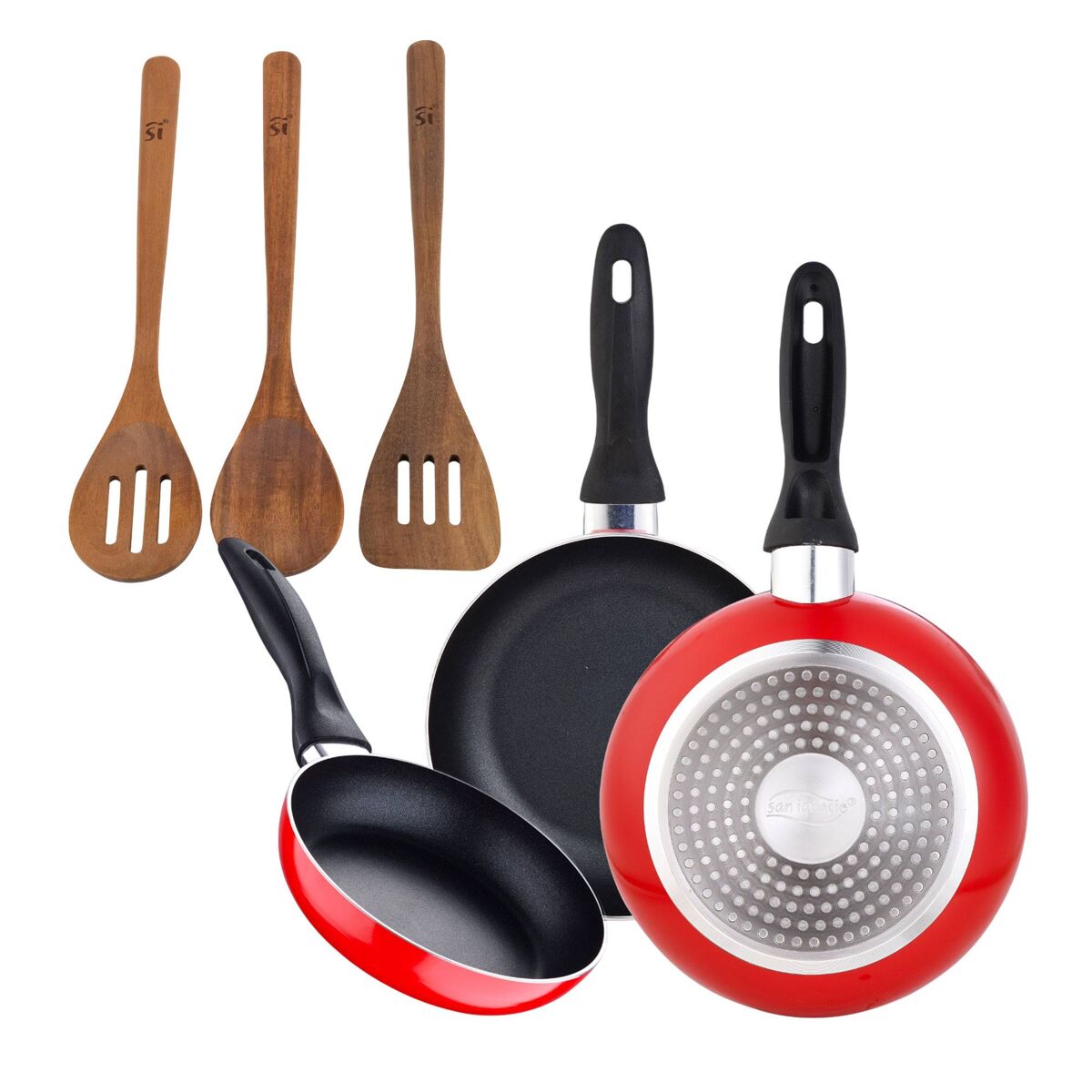 Juego de 3 sartenes san ignacio 16/20/24 cm +set 3pc utensilios cocina madera acacia