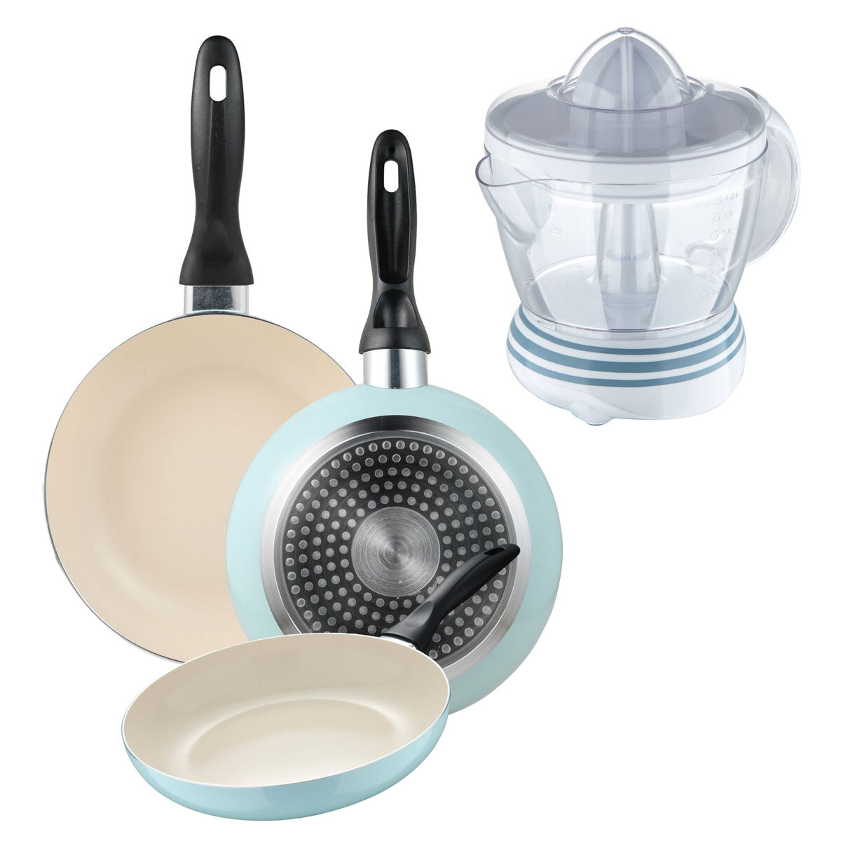 Set de 3 sartenes san ignacio ø16ø20ø24cm en aluminio prensado azul celeste+exprimidor de 40w de potencia - capacidad de 1.2 litros