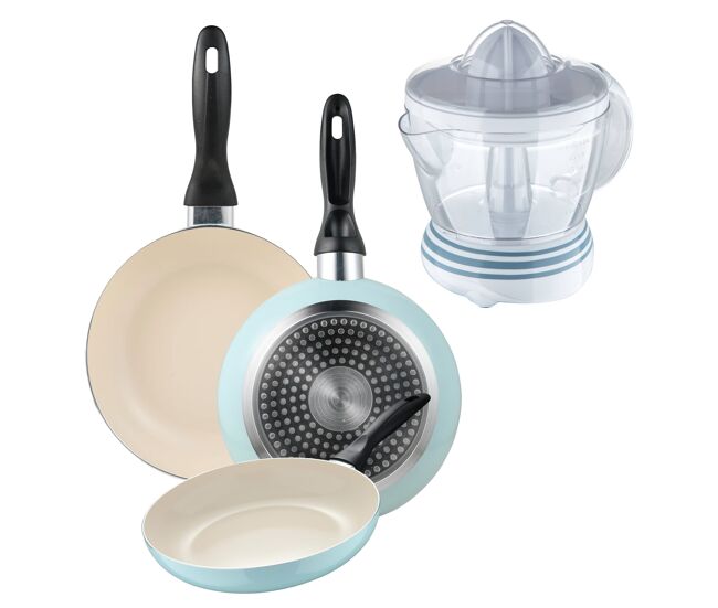 Set de 3 sartenes san ignacio ø16ø20ø24cm en aluminio prensado azul celeste+exprimidor de 40w de potencia - capacidad de 1.2 litros
