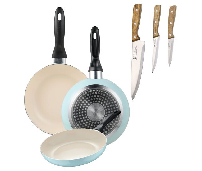 Set de 3 sartenes san ignacio ø16ø20ø24cm en aluminio prensado azul celeste+set de 3 cuchillos de acero inoxidable para cocina