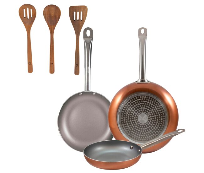 Set 3 sartenes san ignacio (18,22,26cm) aluminio prensado, aptas para inducción+set 3pc utensilios cocina madera acacia